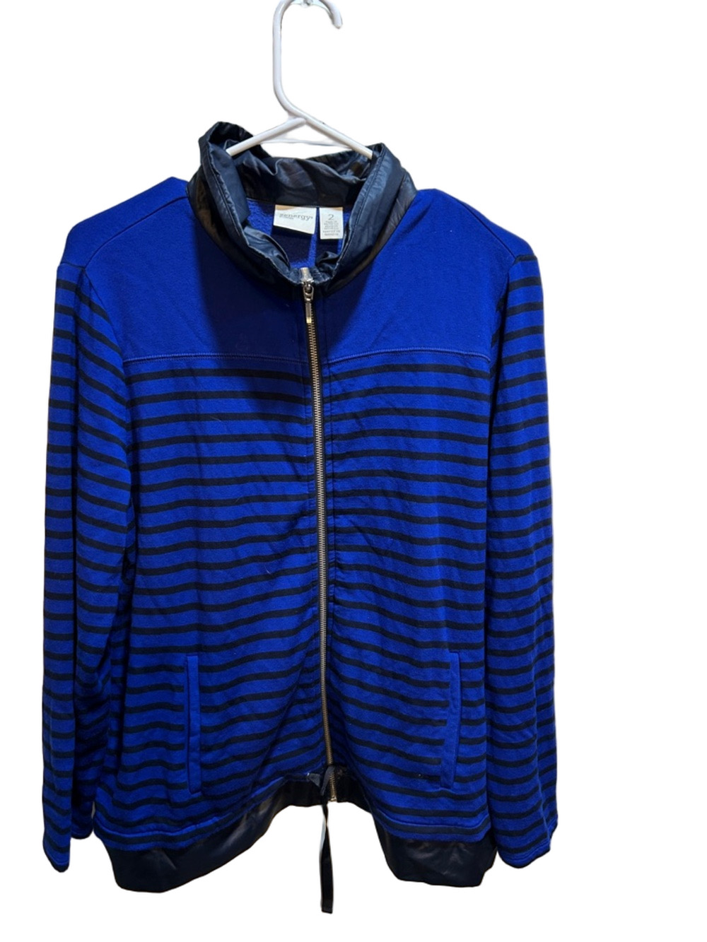 🐣Zenergy By Chico’s Blue and Black Striped Zip-Front Jacket size 2 GUC